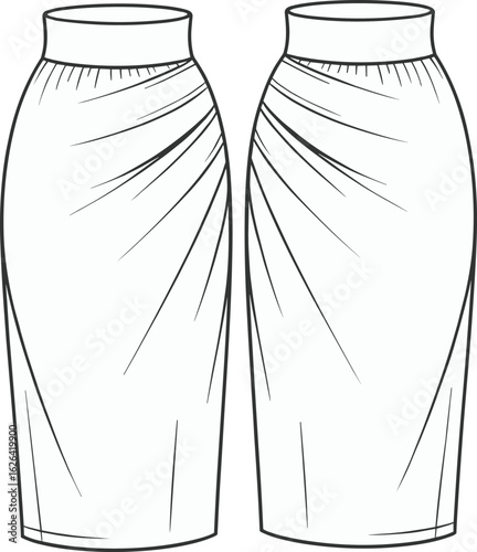Elegant high-waisted pencil skirt with draped detailing, fitted silhouette, stylish design, fashion garment flat sketch, vector drawing, CAD illustration