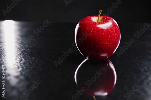 Slow motion of red apple spinning on a black reflective surface, dramatic lighting
