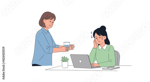 A supportive colleague offers a glass of water to a stressed woman working on a laptop at a desk, fostering a sense of teamwork and care.