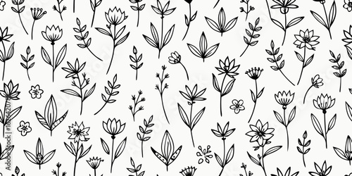 Vintage vector seamless floral pattern with tulips and swirl leaf elements