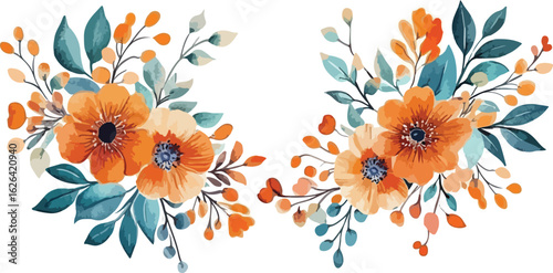 Delicate watercolor floral arrangement with vibrant orange poppies and teal green foliage