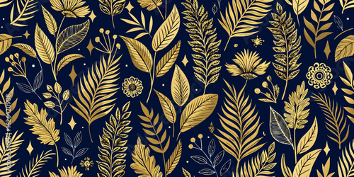 Vintage gold floral seamless pattern with decorative leaves on a black backdrop
