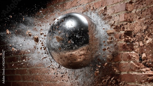 High-speed photograph of a chrome sphere smashing through a red brick wall with exploding debris