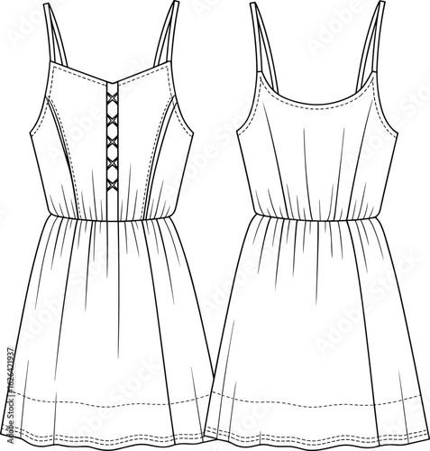Summer casual sleeveless mini dress with lace-up front, gathered waist, lightweight fabric, fashion garment CAD drawing, flat vector illustration