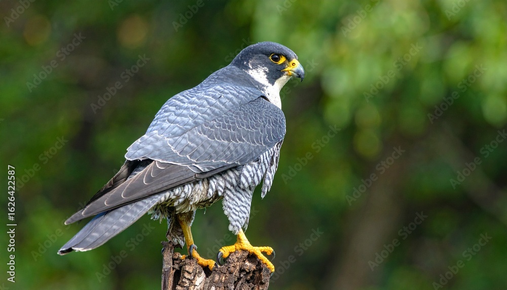 Close-up of a peregrine falcon perched on a rugged tree branch, feathers ruffled by wind, with a blurred forest backdrop in soft focus. Close-up of a peregrine falcon perched on a rugged tree branch, feathers ruffled by wind, with a blurred forest backdrop in soft focus.