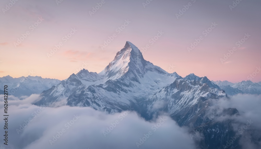 Obraz premium Majestic mountain range rises in soft pink glow at dawn. Tan-hued mountains peak snow-covered with clouds gently framing the landscape. Low-angle shot places peaks in foreground.