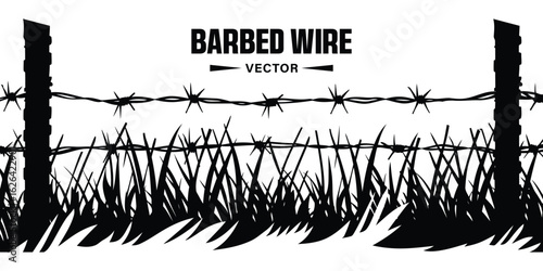 Barbed wire set vector spiked fence lines and circular barbed wire loops on white background