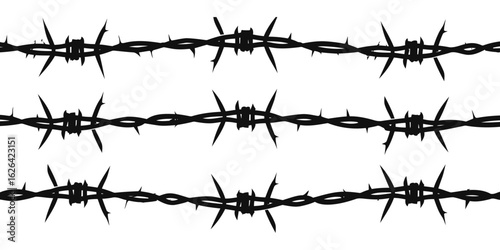 High quality barbed wire vector illustration in black and white. Sharp spiked metal wire on white background, perfect for security, fencing, and danger concepts.