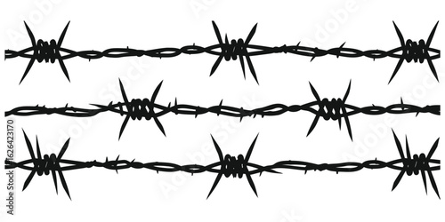 High quality barbed wire vector illustration in black and white. Sharp spiked metal wire on white background, perfect for security, fencing, and danger concepts.