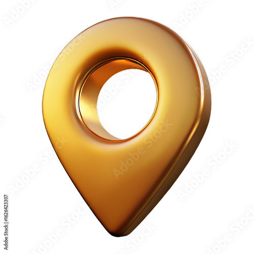 Metallic Gold Plastic Location Marker with Rounded Contours and Reflective Depth on Transparent Background