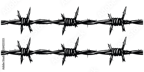 High quality barbed wire vector illustration in black and white. Sharp spiked metal wire on white background, perfect for security, fencing, and danger concepts.