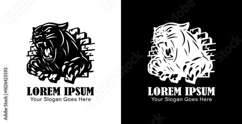 Logo design of a panther destroying a wall in anger