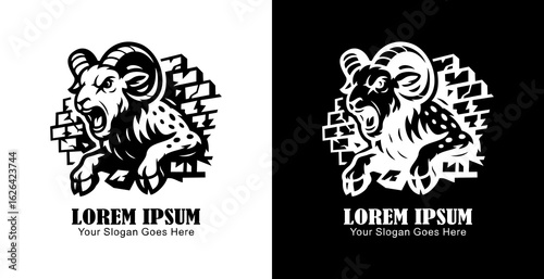 Logo design of a goat destroying a wall in anger