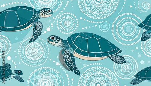 Seamless pattern of turtles in a light teal background with white mandala designs