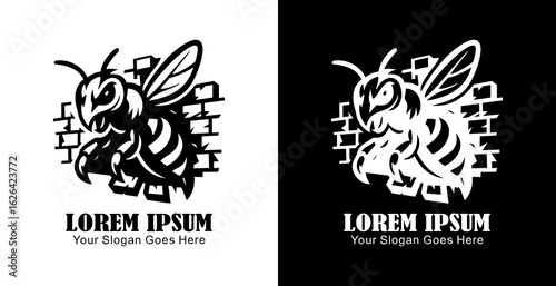 Logo design of a bee destroying a wall in anger