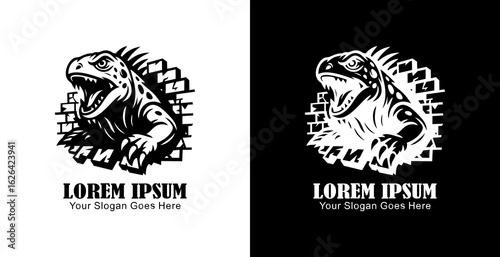Logo design of an iguana destroying a wall in anger