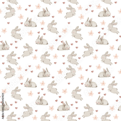 Seamless pattern with rabbits, flowers, hearts