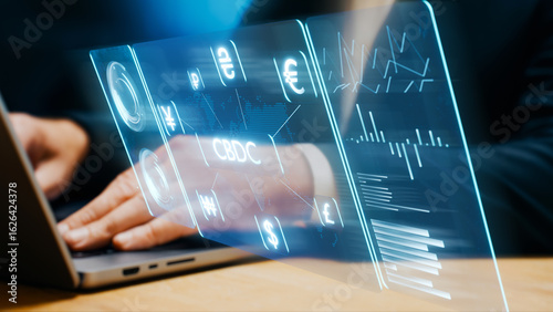 cbdc - digital finance, stablecoins in the banking system, currency integration, employee with a laptop analyzing data, analytics in the banking sector