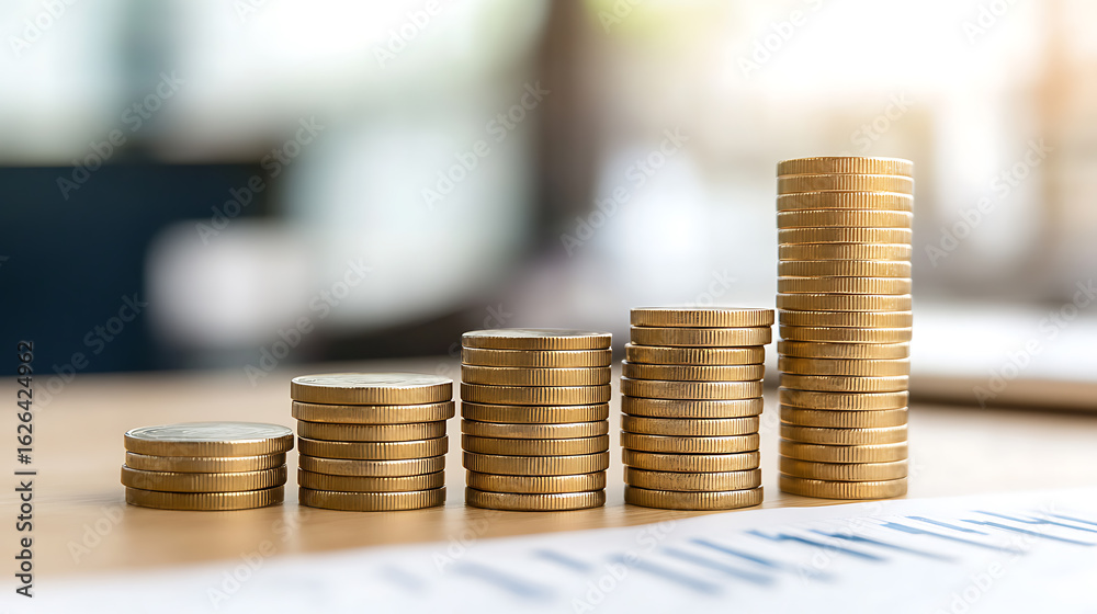 Stacked coins showing growth. Financial stability is shown with stacked piles of coins on a table. An increase in savings or investment. Stacked coins showing growth. Financial stability is shown with stacked piles of coins on a table. An increase in savings or investment.