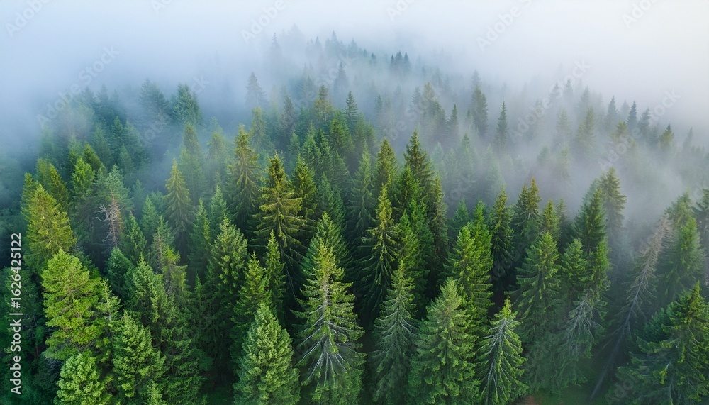 Fototapeta premium misty forest landscape with tall pine trees in the mist aerial view green spruce forest with fog pine tree wallpaper with a foggy nature background