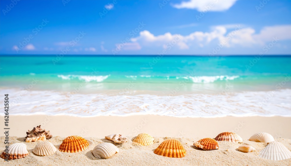 Seashells on a sandy beach, ocean view Seashells on a sandy beach, ocean view