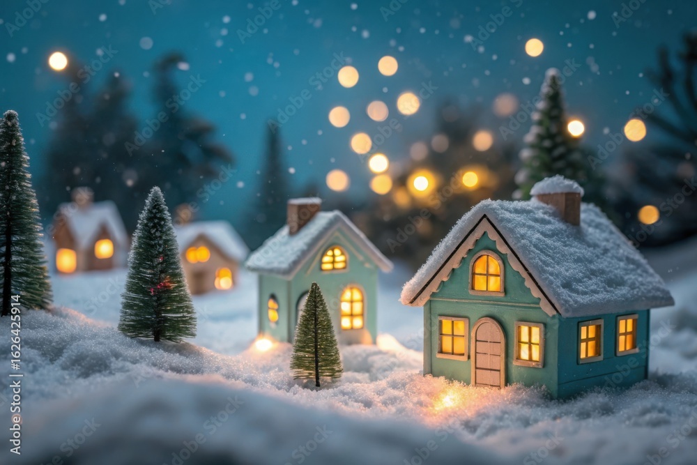 Fototapeta premium Cozy snow village with twinkling lights
