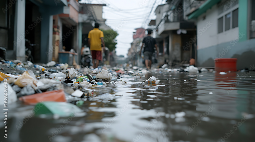 Obraz premium Flooded street with trash shows an environmental issue and challenging conditions. In the background are two people walking on a flooded street.