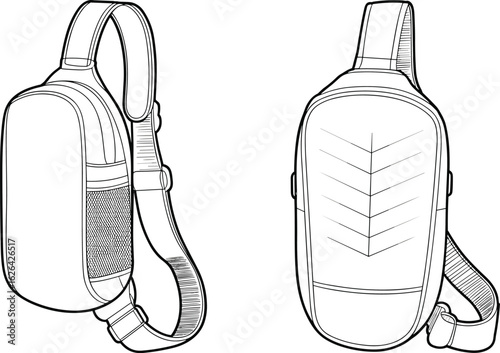 Sling shoulder bag CAD drawing, technical flat vector illustration, modern crossbody backpack design, functional strap, mesh pocket, outdoor use