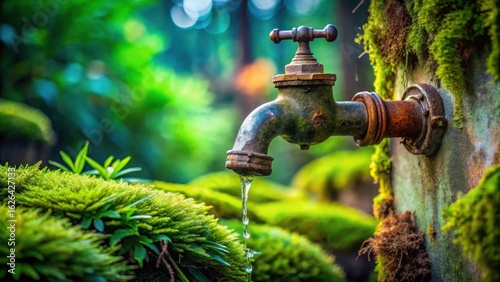 A weathered outdoor faucet, dripping pure water, nestled amongst vibrant green moss and foliage, symbolizes the preciousness of natural resources.