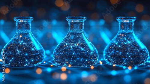 Three glowing science flasks on a network design.