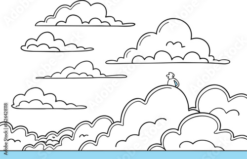 A solitary figure sits atop a cloud overlooking a sky filled with fluffy white clouds