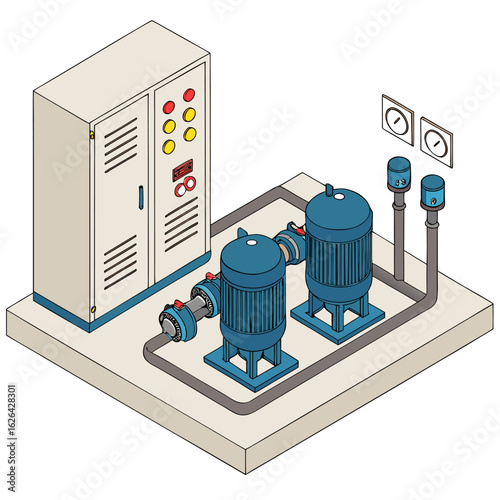 Industrial water pumps system room high pressure electric blue pump set maintenance service concept isometric isolated cartoon vector.