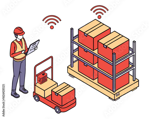 Modern smart warehouse with AGV robots and engineer managing operations in Industry 4.0.