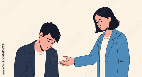 A compassionate woman offers a comforting hand to a sad man experiencing emotional distress, depicted in a minimalist flat illustration style.