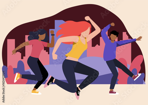 Teenagers, youth dance battle. Musical dance community, energy and unity of interests.