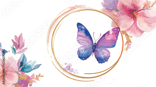 Delicate watercolor butterfly with pink flowers and golden circular frame on white background