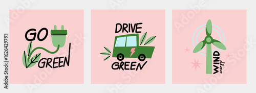 Save planet. Earth environmental care. Icon or sticker collection. green energy, stop pollution, reuse and recycled. Eco friendly, ecology elements. Vector cartoon flat style isolated illustration set