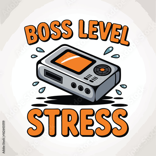 Boss level stress captured with a vintage gaming device and sweat drops