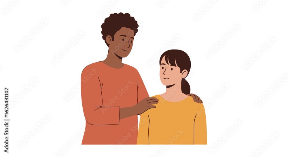 Fototapeta premium A young African American man gently places his hand on the shoulder of his Asian friend, offering support and comfort in a minimalist, vector art style.