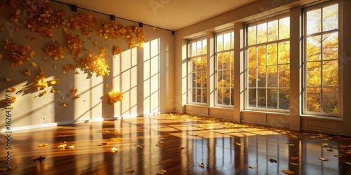 Autumnal Sunlight Illuminates a Room with Hardwood Floors and a Wall Adorned with Golden Leaves