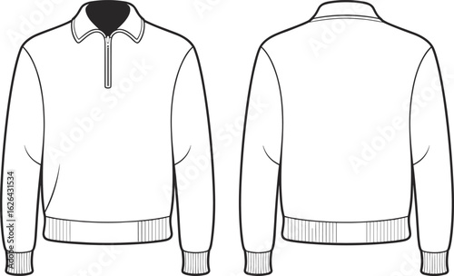 Pullover sweater front and back view, long sleeves, zip collar, ribbed cuffs and hem, CAD drawing flat vector illustration