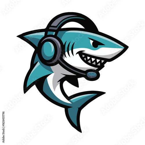 Ferocious shark mascot with headset ready for action and communication
