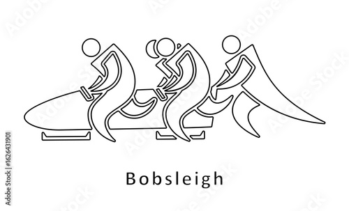 Bobsleigh crew of four men racers line icon, black outline isolated on white. Bobsled 4 athlete team pushing bob, minimalist contour clipart. Vector or png sign for sport and winter games design.