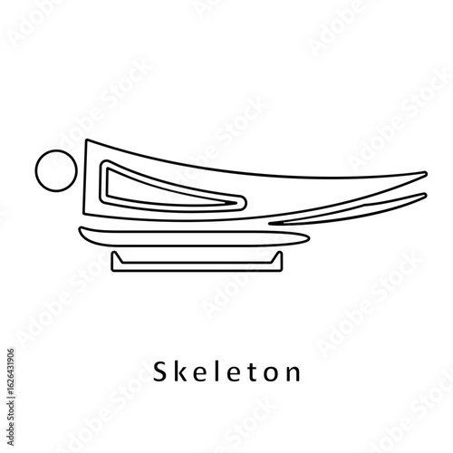 Sport skeleton sled rider line icon, black outline isolated on white. Sledding man athlete or slider, minimalist contour clipart. Vector clipart for sport design, winter games illustration.