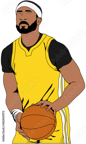 Professional basketball player wearing headband standing with a ball. Black man holding basketball with yellow jersey. Vector illustrations sportsmen with a ball in his hand. Cartoon champion athlete.