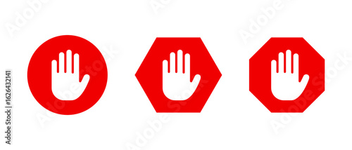 Stop hand sign in red circle and polygon shapes. Raised palm gesture icon. Access restriction symbol