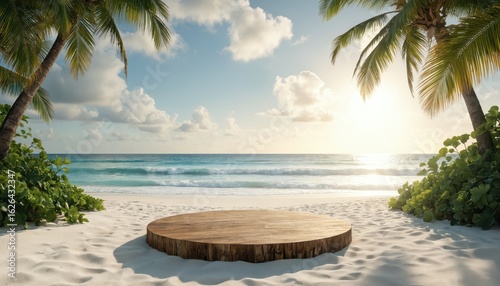 Wooden beach platform with rustic charm. Palm trees surround platform in serene tropical beach environment. Azure ocean and sunny day create warm and inviting atmosphere.