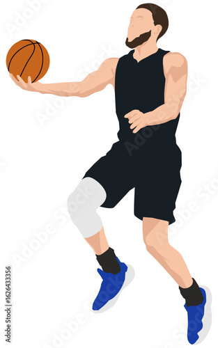 Bearded professional basketball player in black jersey making a smooth layup shot. Vector illustrations sportsmen with ball in his hand. Athlete wearing blue shoes. Person make close-range shot. 