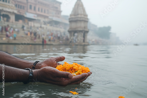 Offering Flowers to the River: A poignant moment of faith and reverence as hands cradle vibrant blossoms above calm waters, with a temple backdrop.