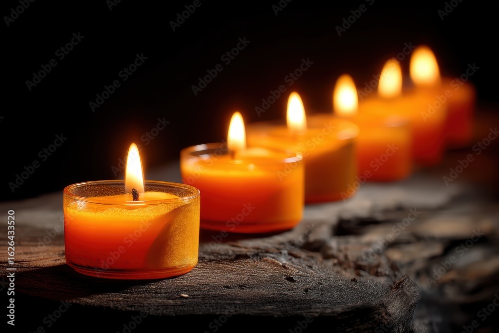 Five orange candles burn on a rustic wooden surface, creating a warm, serene glow against a dark background Five orange candles burn on a rustic wooden surface, creating a warm, serene glow against a dark background
